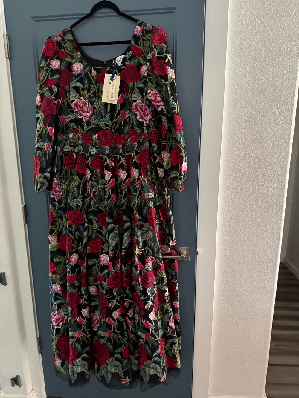 JessaKae Black Maxi Dress with Red & Pink Rose Embroidery
